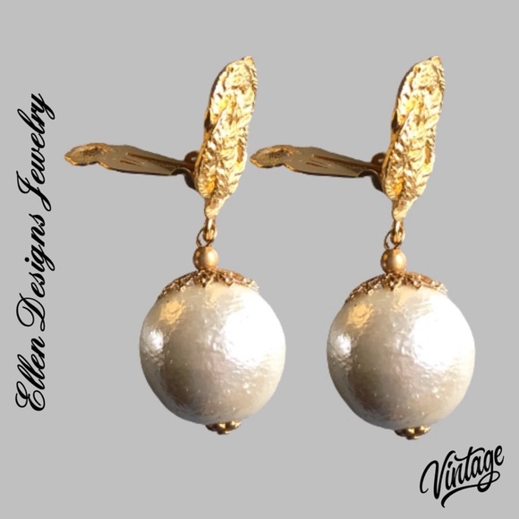 RARE Ellen Designs VTG 70s Pearl Gold Clip On Earrings LBN - Picture 2 of 5